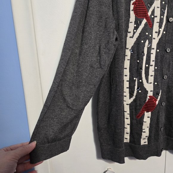 CJ Banks Gray Cardigan with Red Bird and Tree Design - Picture 5 of 7